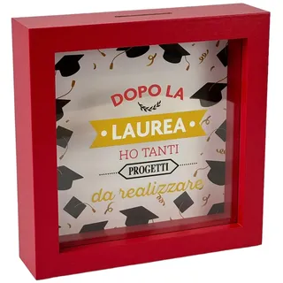 Spardose zum Schulabschluss aus Holz, roter Rahmen, 16 x 16 cm, Geschenk für Absolventen mit Schlitz für Banknoten