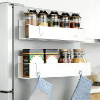 TIANLIN Gewürzregal Magnetisch, 2 Stück Gewürzregal ohne Bohren, Magnetisch Magnetische Regale, Weiß Magnetregale für Kühlschrank, mit 4 Haken, für Küche Und Badezimmer