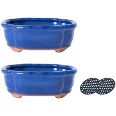 Jinfa Bonsai Schale Keramik Bonsai Töpfe mit Entwässerungslöchern | Blau | 2 Töpfe + 2 Drainagegitter