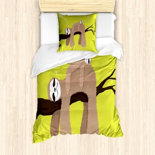 ABAKUHAUS Faultier Mantele, Cartoon Mutter Schlafen, Milbensicher Allergiker geeignet mit Kissenbezügen, 135 cm x 200 cm - 80 x 80 cm, Cocoa Apfelgrün - Grün