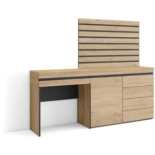 Skraut Home | Schminktisch | Frisiertisch mit Stauraum | 177x145x35 cm | mit Schublade | Kommode mit Schubladen | Lamellenwand Holz | Moderner Stil | Eiche