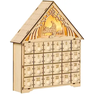 Homcom Adventskalender Weihnachtskalender 24 Schubladen mit LED-Lichtern MDF Naturholz , Naturfarben , Holz , 6x30x26.6 cm , Dekoration, Weihnachtsdekoration
