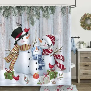 Bonhause Duschvorhang Winter Weihnachten Schneemann Kiefernzweige Duschvorhänge 180 x 180 cm Anti-Schimmel Wasserdicht Polyester Stoff Waschbar Bad Vorhäng für Badzimmer mit 12 Haken
