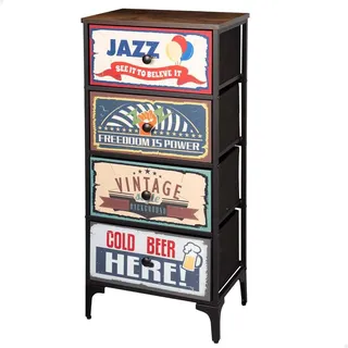 Max Home Mehrzweck-Schlafzimmerkommode, Retro- und Vintage-Grafiken, 4 leichte Stoffschubladen, 45 x 30 x 89 cm, Stahlrahmen, Holzplatte, Nachttische, Wohnzimmermöbel (18401)