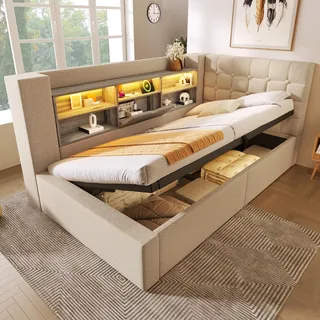 okwish Schlafsofa 90x200 Daybett Jugendbett mit Bettkasten,Bettgestell mit Ladeanschlüsse,Einzelbett Gästebett mit L-förmigem Kopfteil mit Stauraumregal,Beige(ohne Matratze) - Beige