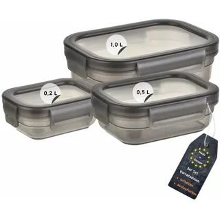 Engelland - 3er Set Aufbewahrungsdosen mit Deckel, luftdicht, auslaufsicher, stapelbar, Vorratsdose, BPA-frei, Kunststoff, verschiedene Größen, 0,2 L - 0,5 L - 1,0 L, transparent-grau