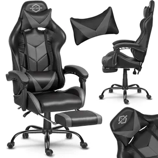 Sofotel Gaming Stuhl Ergonomisch Sessel Schreibtischstuhl Bürostuhl Drehstuhl Kopfstütze Lendenwirbelstütze Fußhocker Armlehnen Herausnehmbare Kissen Kunstleder Gummierte Rollen Cerber Schwarz Grau