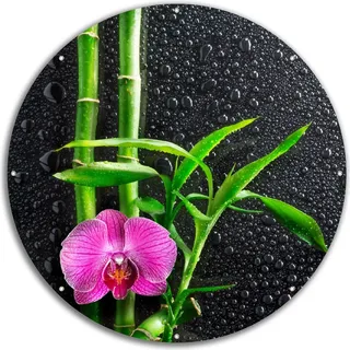 Wallario rundes Outdoor-Poster für Garten oder Balkon, Motiv Bambus und pinke Orchidee auf schwarzem Glas mit Regentropfen, 60 cm Durchmesser - Grün