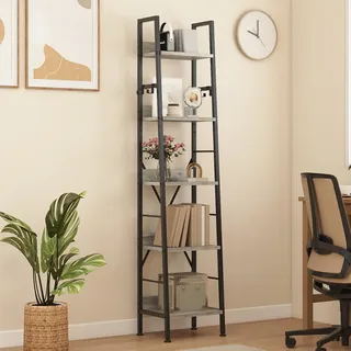 DWVO Schmales hohes Bücherregal 5 Etagen, Industrielles Leiterregal, Holzregale und Metall, schmal, dünn, modernes Regal für Wohnzimmer, Flur, Büro, Graues