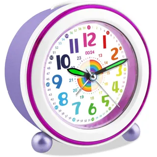 DTKID Wecker Kinder, Kinderwecker Ohne Ticken mit Snooze und Nachtlicht, Analoger Wecker für Jungen und Mädchen, Lernwecker Kinder, Batteriebetrieben (Lila-2)