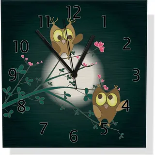Wallario Design Wanduhr Süße verliebte Eulen auf dem Ast bei Nacht im Mondschein aus Aluverbund, Größe 30 x 30 cm - Schwarz