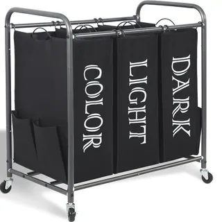 STORAGE MANIAC Wäschesortierer mit 3 Fächern, 3 Taschen, Wäschekorb mit robusten, abschließbaren Rollen und abnehmbaren Taschen, Wäschekorb, Kleidertrennkorb, Etikett, Schwarz
