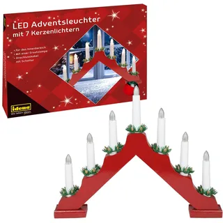 IDENA 31604 - LED Adventsleuchter aus rot lackiertem Holz mit 7 warmweißen LED Kerzenlichtern, Schwibbogen mit Ersatzlampe und Schalter, Weihnachtsdeko für den Innenbereich