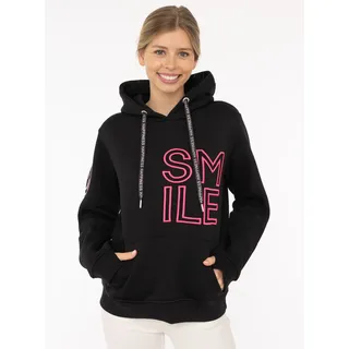 Hoodie ZWILLINGSHERZ "Alissa 2.0", Damen, Gr. L, schwarz, Sweatware, Obermaterial: 50% Baumwolle, 50% Polyester, bedruckt, unifarben, hüftbedeckend, ohne Ausschnitt, Rippbündchen, Sweatshirts Hoodie, mit SMILE Stickerei vorne und hinten