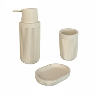 Relaxdays Bad Accessoires, 3-teilig, Seifenschale, Seifenspender, Zahnputzbecher, Polyresin, Bad Zubehör Set, beige