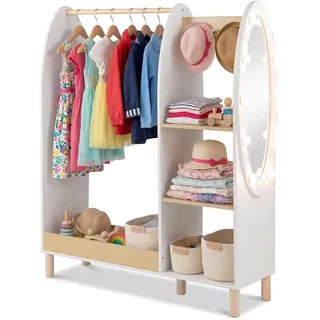 COSTWAY Kleiderschrank Kinder mit Beleuchtung, Kindergarderobe mit Spiegel, Kleiderstange, Regalen & Haken, Kleiderständer aus Holz für Kinderzimmer, 91 x 28 x 110 cm, Weiß