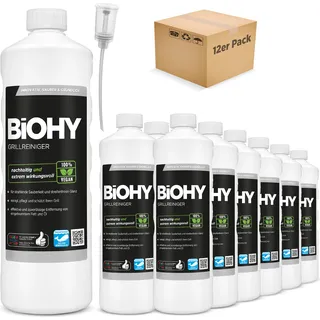 BiOHY Grillreiniger (12x1l Flasche) + Dosierer | Reiniger für Holzkohle-, Gas- und Elektrogrill | Aktivschaum gegen angebranntes Fett und Öl | Materialschonend, effektiv und nachhaltig