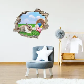 queence 3D-Wandtattoo "Hase mit bunten Ostereiern" Selbstklebender Wandsticker Ostern Wanddurchbruch 60x50cm, bunt