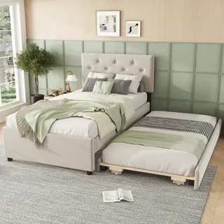 Polsterbett mit Gästebett und Lattenrost, 90x200 cm, Einzelbett, Jugendbett, Samt - Beige