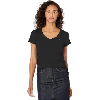 Tommy Hilfiger Damen Short Sleeve Tops-Cotton for Women with V-Neckline and Logo Detail T-Shirt, Schwarz, XX-Large