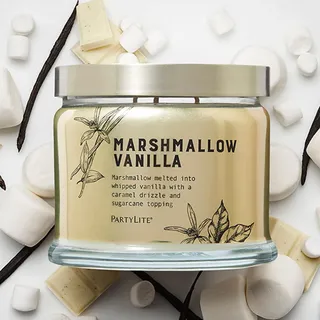 PartyLite Duftkerze im Glas, Marshmallow-Vanille mit Karamell- und Zuckerrohrnoten, 374 ml, 375 ml, 45 Stunden Brenndauer, luxuriöser Duft, ideal zum Verschenken