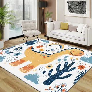 Dinosaurier Teppich, Kinderzimmer Cartoon Dino Kleiner Teppich, Kinderzimmer Regenbogen Niedlich Lustig Waschbar Kurzflor Weich Teppiche Eingangsbereich Innen Küche, 60x90 cm, Blau Orange Weiß