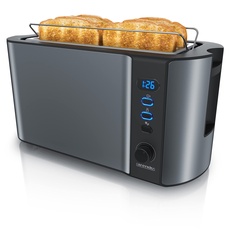 Arendo - Edelstahl Toaster Langschlitz 4 Scheiben, Defrost, wärmeisolierendes Gehäuse, mit integriertem Brötchenaufsatz, 1500W, Krümelschublade, Display, Cool Grey