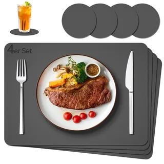 IKWOLETI Tischsets Abwaschbar mit Untersetzer - 4er Set Platzsets Abwaschbar aus Kunstleder - Doppelseitige Platzdeckchen in Lederoptik - Ideal für Küche und Büro Dunkelgrau