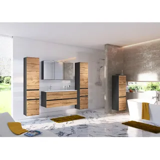 Badmöbel 5-tlg. Set LOUROSA-03 in Graphitgrau mit Wotaneiche Nb. inkl. Doppelwaschbecken, B/H/T: ca. 240/200/47 cm - Braun