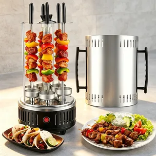 Elektrischer BBQ Tischgrill Vertikalgrill aus Edelstahl, Schaschlikgrill mit 12 Spießen und 2 Glasrohr-Heizungen, 1000W Rauchfreier Innen-Grill für Zuhause Balkon Garten