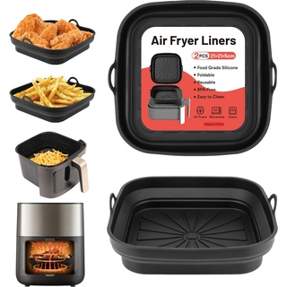 Alyvisun Silikonform für Heißluftfritteuse, 2 Stück Airfryer Silikon Backform Wiederverwendbar Silikoneinsatz Zubehör Quadratisch Silikonmatte Pot Liner für Air Fryer, Mikrowelle, Ofen(Schwarz)