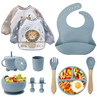 Baby Geschirrset,12er Set Kindergeschirr, Babylöffel,Trinklernbecher,Silikon Lätzchen,Baby Teller Kinderteller mit Saugnapf,Baby Led Weaning Besteck Set, BPA Frei,Spülmaschinen Und Mikrowellen Safe