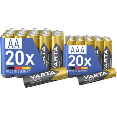 VARTA Batterien Mischpack 40 Stück, AA 20 Stück + AAA 20 Stück, Power on Demand, Alkaline, Vorratspack in umweltschonender Verpackung, leistungsstark, Made in Germany [Exklusiv bei Amazon]