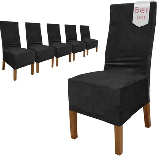 Scheffler Home Stuhlhussen Samt Schwarz 6er Set Puma – Elastische Stuhlbezüge für Hochlehner und Polsterstühle – Waschbar und formstabil