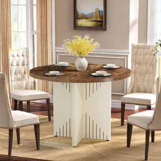 LITTLE TREE Runder Esstisch, moderner Küchentisch 100cm, Esszimmertisch mit rundem Holzsockel, große MDF-Arbeitsfläche für 4-6 Personen, Braun und Beige