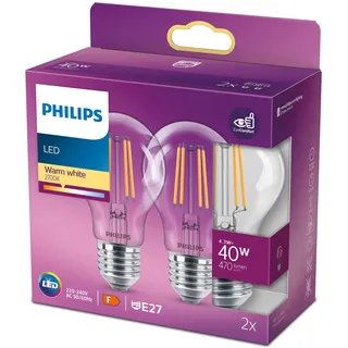 Philips LED Classic E27 4.3W 470lm, klar, Warmweiß Doppelpack