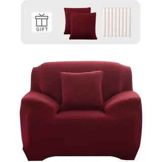 Lydevo Sofabezug 1 Sitzer Stretch Sofahusse Elastischer Sofabezug Spandex Sofa Überzug mit 2 Kissenbezug Anti-Rutsch Waschbar Sofa Protection Cover Schonbezug Couch,Rotwein