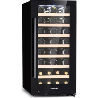 Klarstein Weinkühlschrank Freistehend, Kleiner Getränkekühlschrank Schmal, 1 Zone Weinkühlschrank mit Glastür, Indoor/Outdoor Beersafe, Kühlschrank Klein mit UV-Schutz, 5-18°C, 38 Flaschen - Schwarz