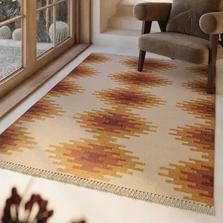 Green Looop Wollteppich »Belle« rechteckig 5 mm Höhe Fransen, Kelim, handgewebt, Natur, Wohnzimmer, Schlafzimmer, Raute Green Looop B : cm 1 Stk.