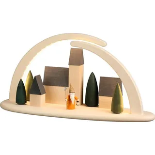 Seiffener Volkskunst Schwibbogen aus naturbelassenem Holz LED warmweiß 13x42x21cm, Ausführung:natur Nachtwächterwichtel - Bunt