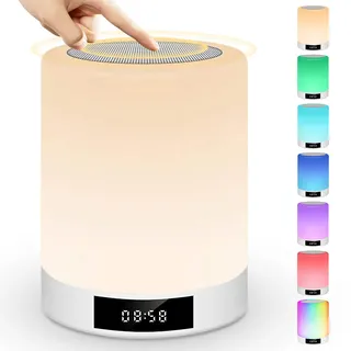 Bluetooth Lautsprecher LED Lampen, Berührungssensor-Nachttischlampe mit Wecker, MP3-Musik-Player, FM-Radio, LED-Lampe mit dimmbare warme Lichter 7 Farben, Geschenk für Kinder Mädchen Teenager