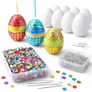 Styroporeier Ostern Basteln Set mit 10x Styropor Eier 6 cm & Bunte Pailetten & 1000 STK. Stecknadeln Ostereier zum Basteln & Dekoration