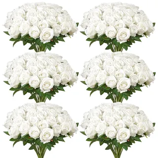 Vevor Künstliche Blumen Rosen, 120 Stück Kunstblumen, Weiße Gefälschte Rose mit Stielen, Schaumrosen für DIY Hochzeit Blumensträuße Braut Valentinstag Muttertag Zuhause Dekoration