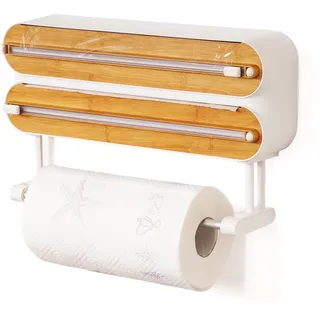 3 in 1 Frischhaltefolienspender mit Cutter, Küchenrollenhalterung mit Küchenrollenhalter, Alufolienspender und Frischhalte, Küchenrollenhalter Ohne Bohren,Wandrollenhalter Küche