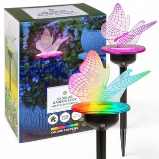 MIJOMA 3D Solar-Gartenstecker mit Farbwechsel-LED, wetterfest & kabellos, 45 cm Höhe, leuchtet automatisch bei Dunkelheit, dekorative Gartenbeleuchtung (Schmetterling)