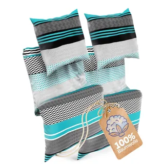 Sentidos 4-teiliges Bettwäsche-Set aus Renforcé-Baumwolle - 2x Bettbezüge 135x200 cm & 2x Kissenbezüge 80x80 cm mit Reißverschluss - Türkis/Schwarz/Weiß