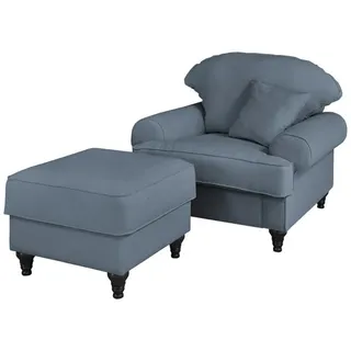 Furn.Design Sessel-Set blau Landhaus, Loungesessel inklusive Hocker , Blau , Holz , Nachbildung , 175x95x110 cm , Wohnzimmer, Sessel
