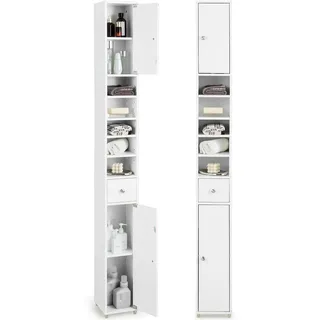 COSTWAY Badschrank Hochschrank schmal, Badezimmerschrank mit 2 Türen, 1 Schublade und verstellbaren Regalen, platzsparender Badregal für Badezimmer, Wohnzimmer, Küche, Weiß, 20 x 20 x 180 cm - Weiß