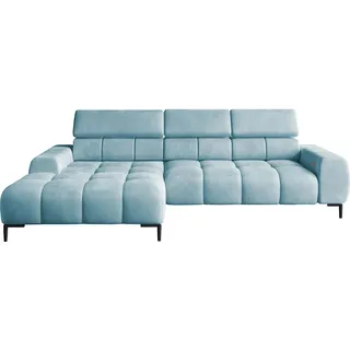 DOMO-HOME Ecksofa PLAZA Mini mit Elektrischer Sitzverstellung 270x177cm | Moderner Stil |Hoher Komfort | Verstellbare Kopfstützen | Bezug Solar in Beige | Farbe hellblau | Links - Blau