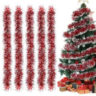Aurasky Gerlande Weinachten Rot, 5 Stück Lametta Girlande Rot, Christbaum Girlande, Weihnachtsgirlanden Glänzend, Lametta Weihnachtsbaum Deko, Weihnachtsbaumschmuck Girlanden